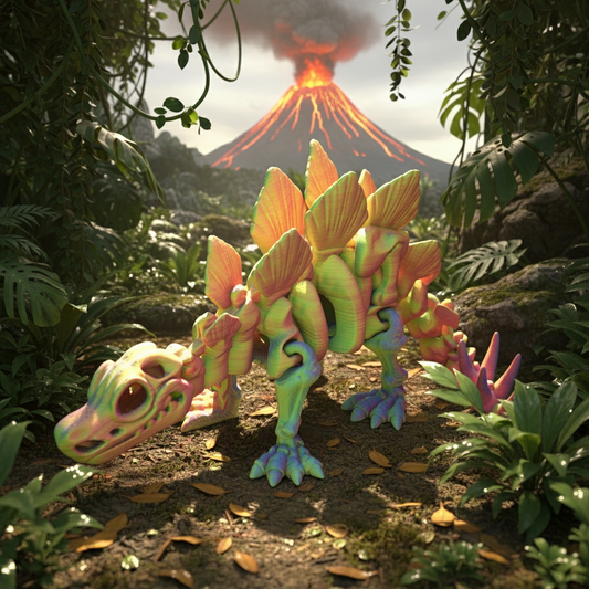 Colorful dinosaur toy in a prehistoric setting with a volcano in the background