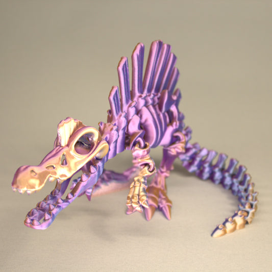 3D printed articulated Spinosaurus skeleton toy, pre-assembled, colorful, educational dinosaur figure
