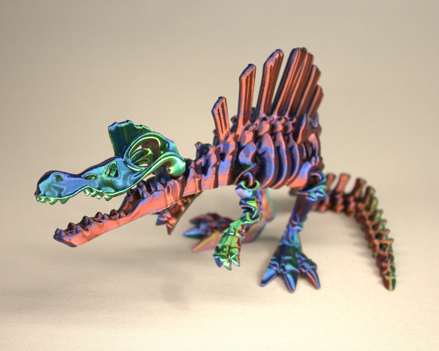 3D printed articulated Spinosaurus skeleton toy, pre-assembled, colorful, educational dinosaur figure