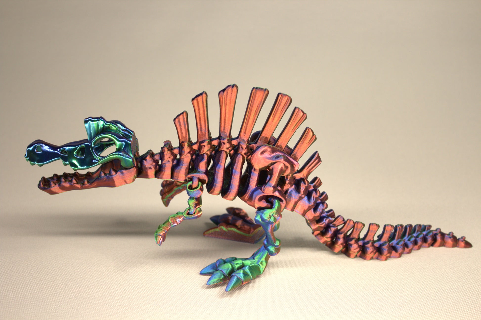 3D printed articulated Spinosaurus skeleton toy, pre-assembled, colorful, educational dinosaur figure