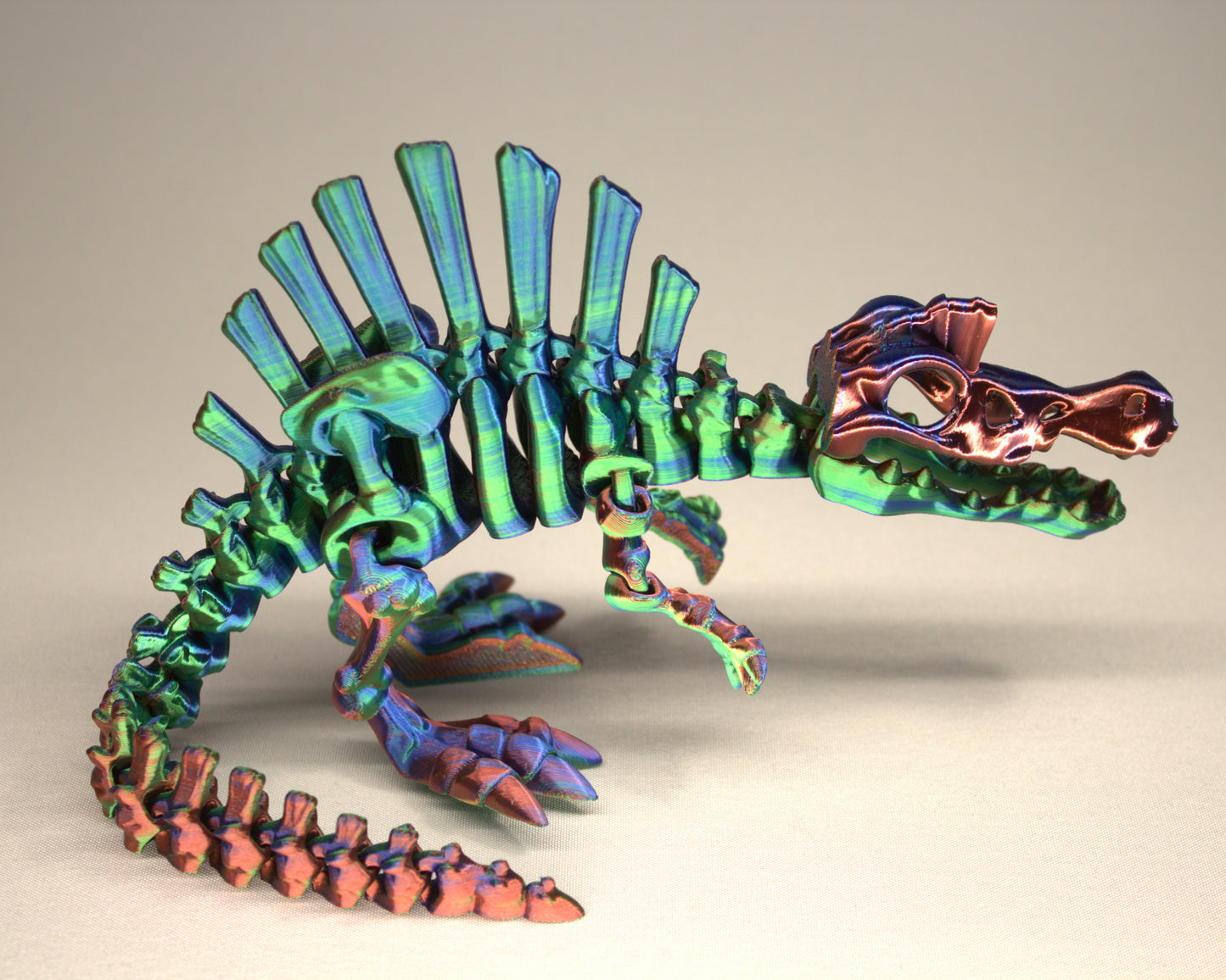 3D printed articulated Spinosaurus skeleton toy, pre-assembled, colorful, educational dinosaur figure