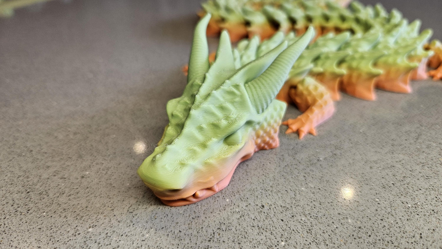 53cm Flexible Dragon in 2 Tone Orange & Green. Articulated Dragon