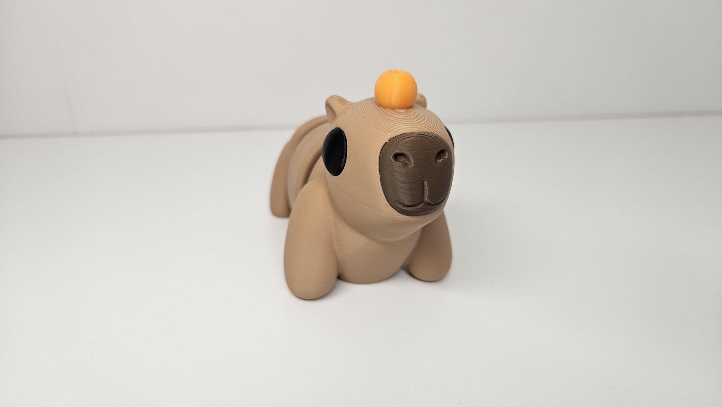Medium Sized Flexible Capybara with Orange on Head in Beige & Brown, Articulated Fidget Animal
