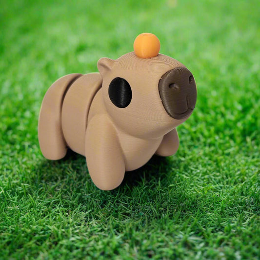 Medium Sized Flexible Capybara with Orange on Head in Beige & Brown, Articulated Fidget Animal