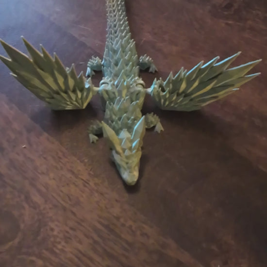 25cm 3D Printed Winged Articulated Dragon - In Gold, Green & Orange by Flexymals.co.uk